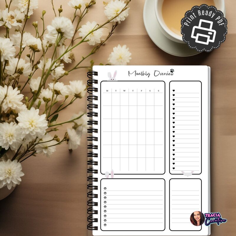 A5 monthly planner insert with cute animal illustrations