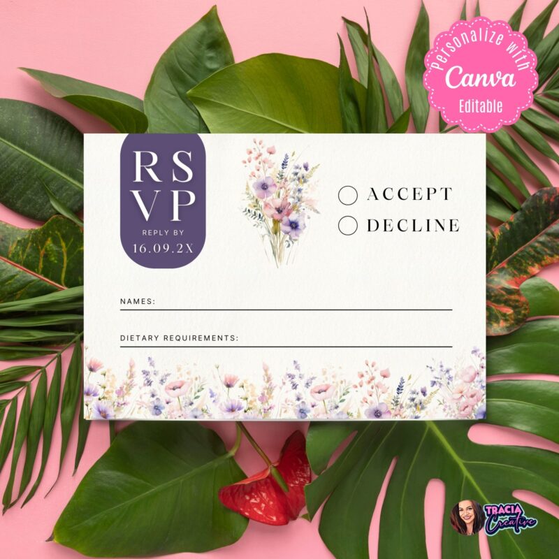 Wildflower RSVP Card template displayed on a green plant background.