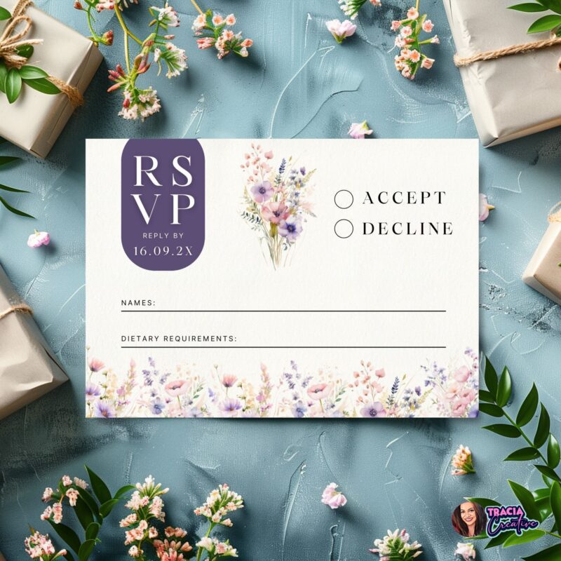 A hand holding the 5x3.5 inch Wildflower RSVP Card next to an invitation.