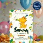 Vibrant Dinosaur Birthday Invitation template featuring a T-Rex and volcano.