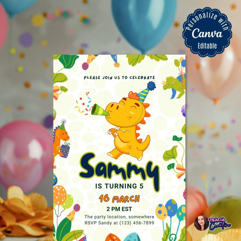 Vibrant Dinosaur Birthday Invitation template featuring a T-Rex and volcano.