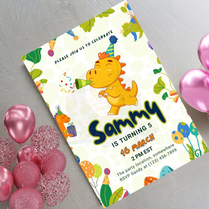 Close-up of the playful dinosaur illustrations on the editable birthday template.