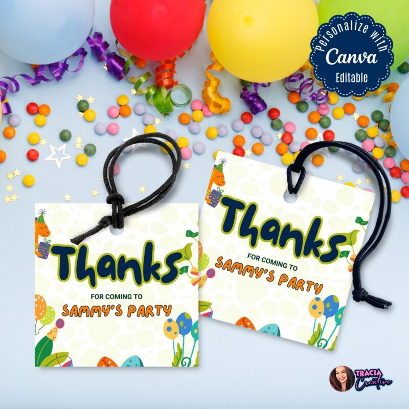 A close-up of a Dinosaur Thank You Tags tied to a colorful party favor bag.