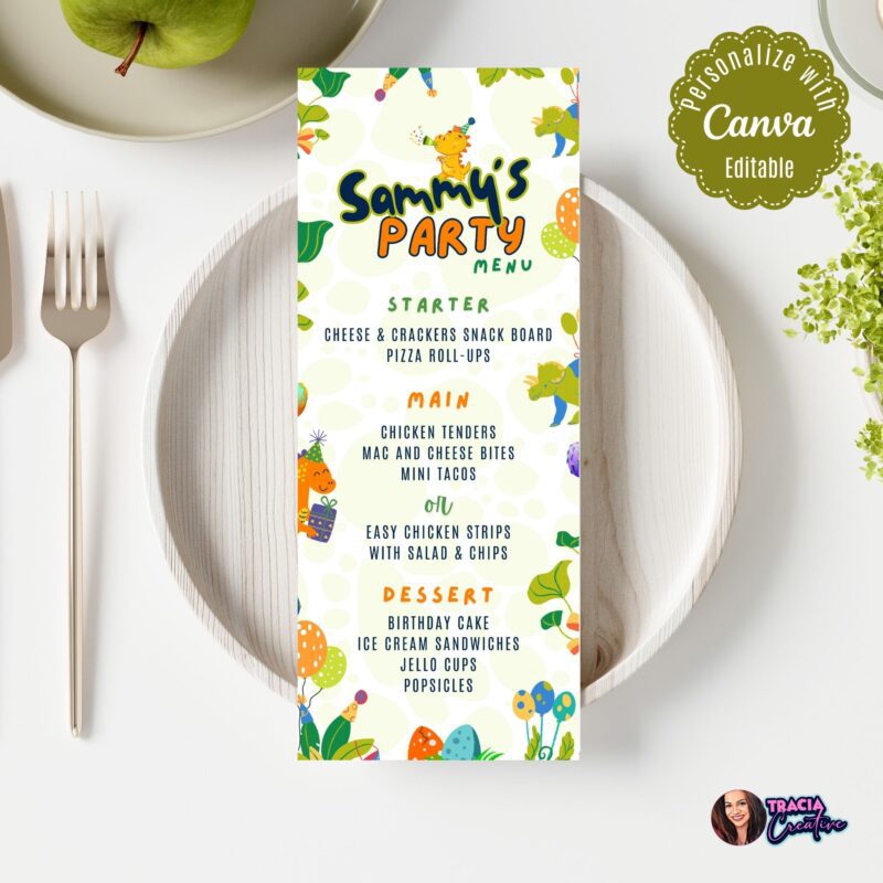 A Dinosaur Party Menu template displayed on a party table next to plates.