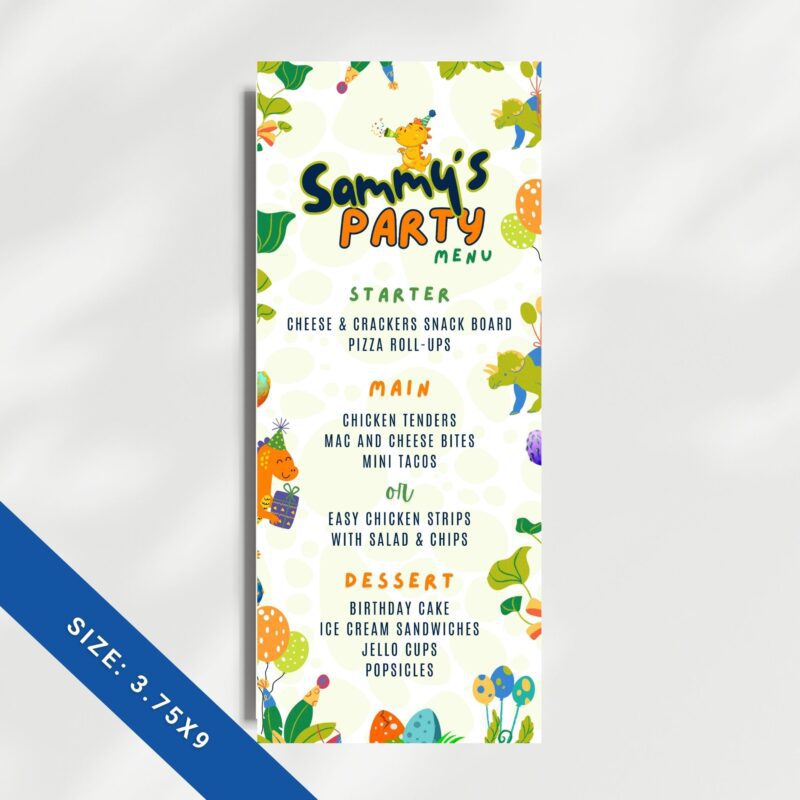 A Dinosaur Party Menu template displayed on a party table next to plates.