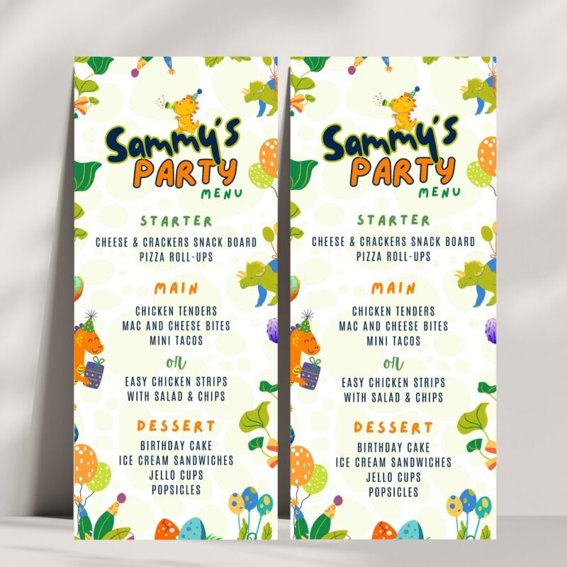 A screen showing the Dinosaur Party Menu being customized in Canva.
