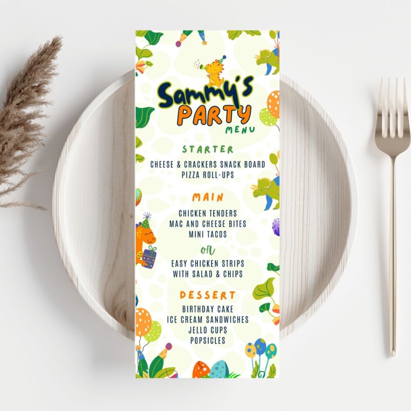 Close-up of the playful dinosaur illustrations on the kids menu template.