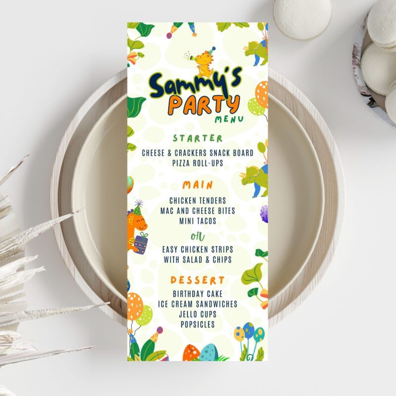 A screen showing the Dinosaur Party Menu being customized in Canva.