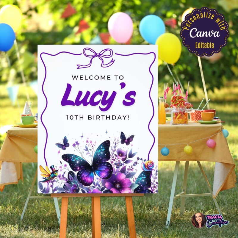 Close-up of the elegant purple butterflies and custom name on the girls birthday sign.