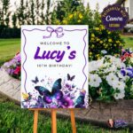 A Purple Butterfly Birthday Welcome Sign displayed on an easel at a party entrance.