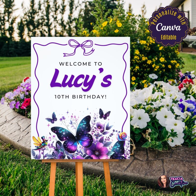 A Purple Butterfly Birthday Welcome Sign displayed on an easel at a party entrance.