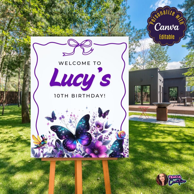 A printed Butterfly Birthday Welcome Sign hanging as part of a purple party decor setup.