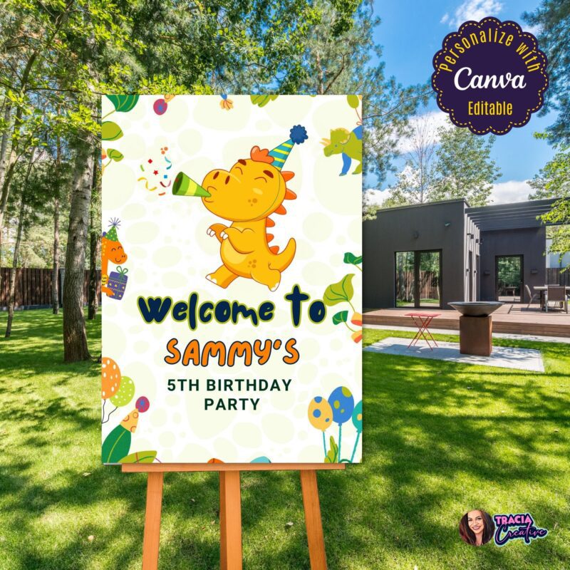 Printable dinosaur party decor showing the 'Welcome to the Party' message.
