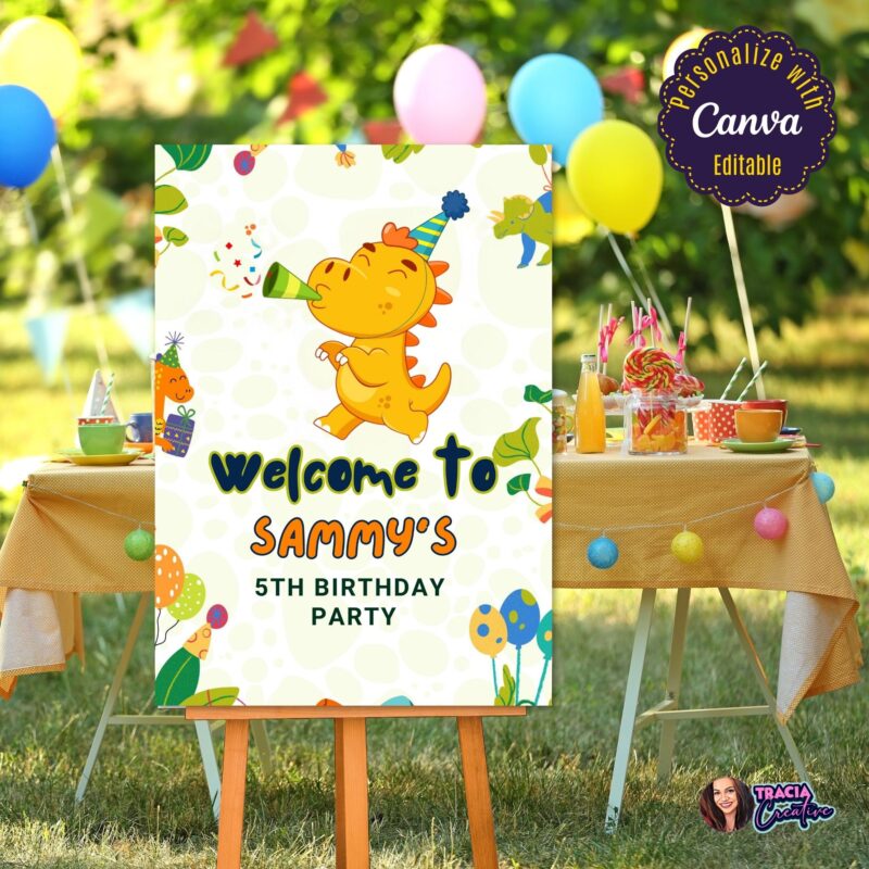 Vibrant Dinosaur birthday welcome sign featuring a friendly T-Rex.