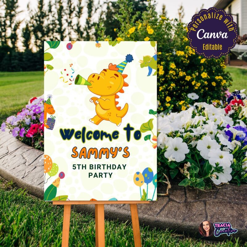 Editable dinosaur party sign template being customized on a laptop.