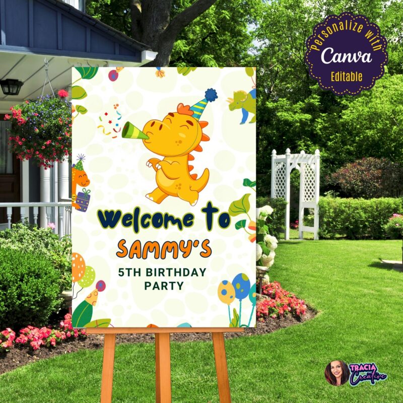 Dino mite birthday welcome sign in a frame at a child's party entrance.