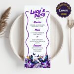 Purple Butterfly Birthday Menu template displayed on a party table with colorful decorations.
