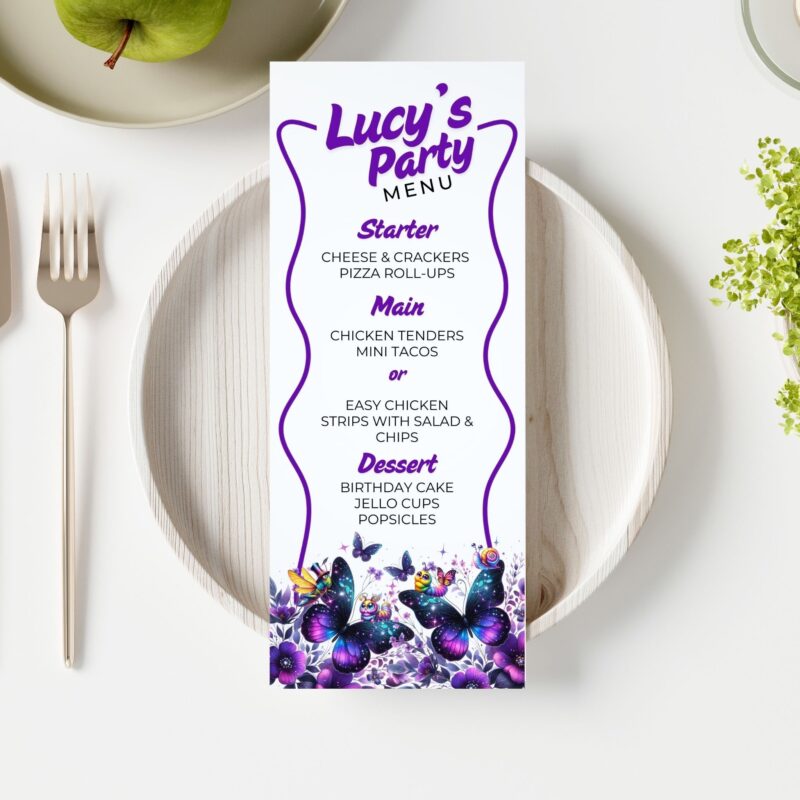 Purple Butterfly Birthday Menu PDF download icon with a link to the editable template.