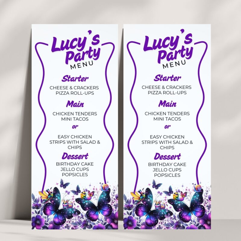Digital mockup of the Purple Butterfly Birthday Menu with a transparent background.