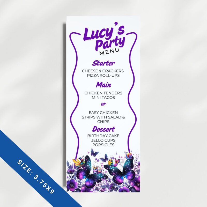 Close-up of the Purple Butterfly Birthday Menu showing editable text fields in Canva.