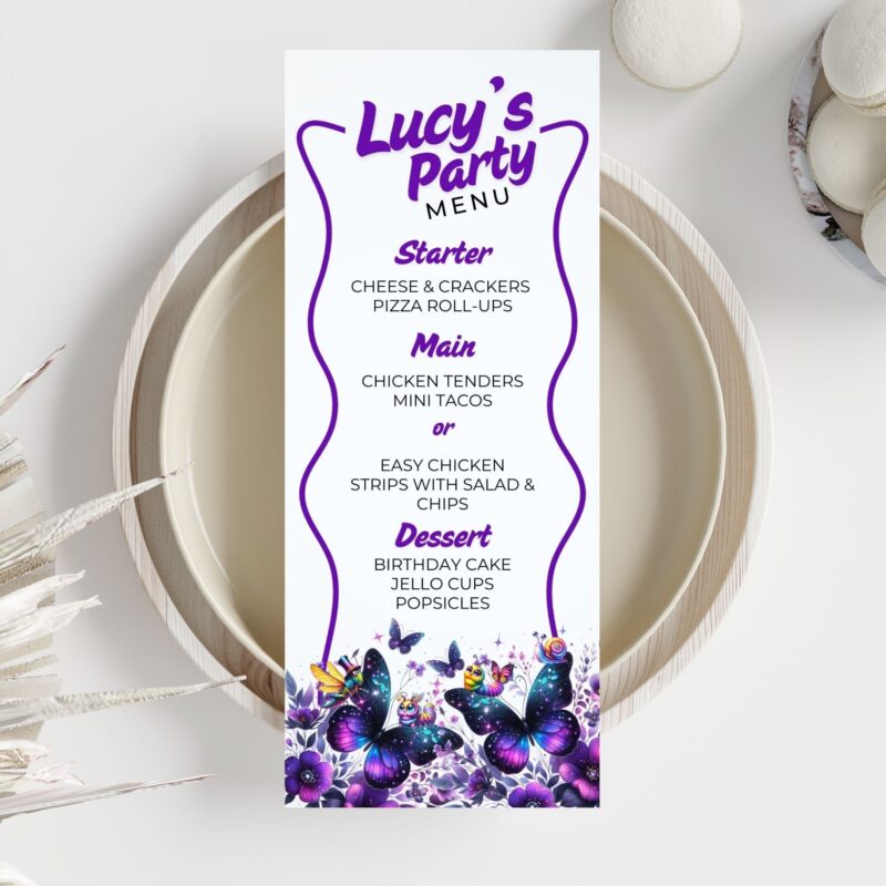 Child's hand pointing to delicious food items listed on the Purple Butterfly Birthday Menu.