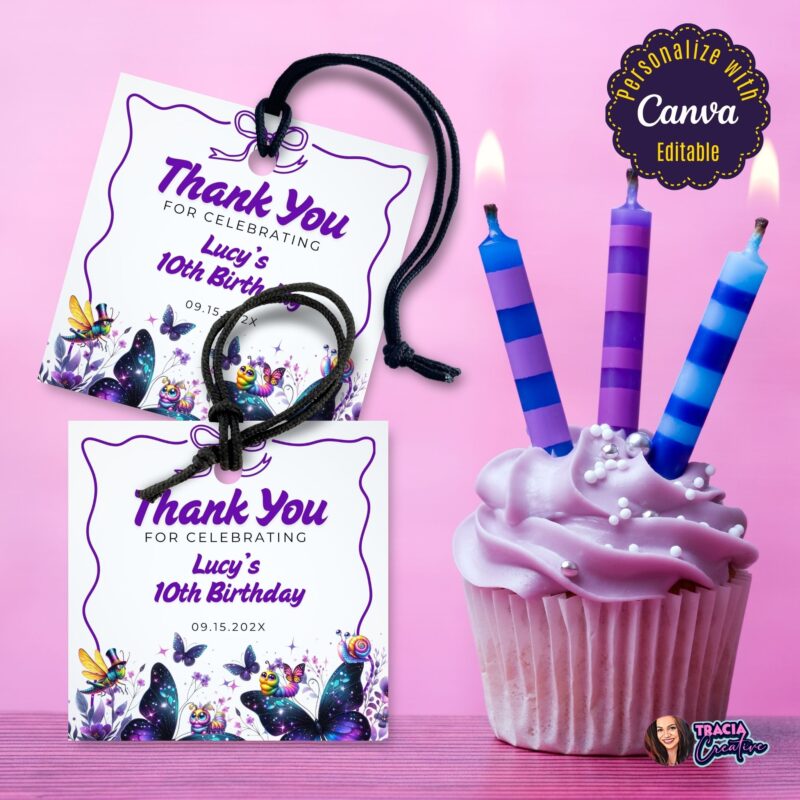 Purple Butterfly Thank You Tag attached to a beautifully wrapped gift with ribbon.