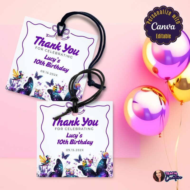 Close-up view of the Purple Butterfly Thank You Tag showing the editable text in Canva.