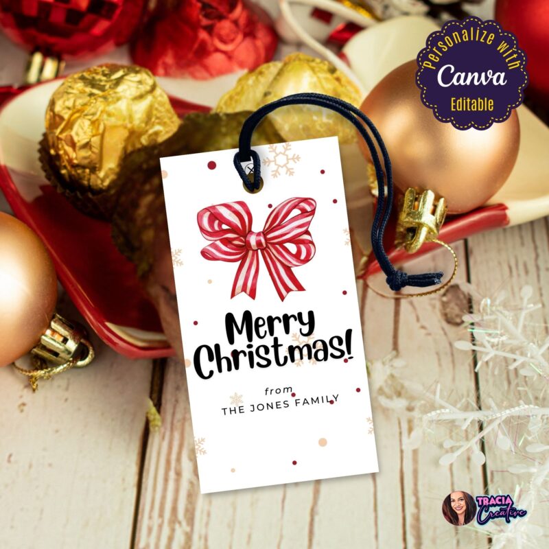 Printable Bow Merry Christmas Gift Tags – editable in Canva for personal touch