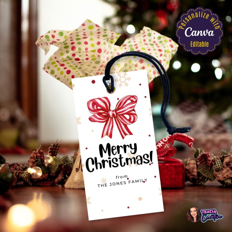 Printable Bow Merry Christmas Gift Tags – editable in Canva for personal touch