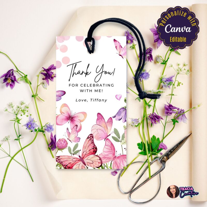 Customizable Pastel Butterflies Thank You Tag instant download