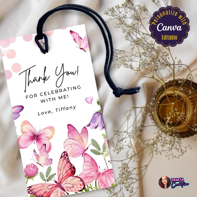 Pastel Butterflies Thank You Tag – Editable Canva Template for gifts