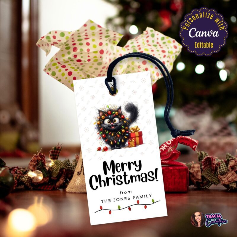 Funny Cat Merry Christmas Gift Tags – black cat tangled in lights design