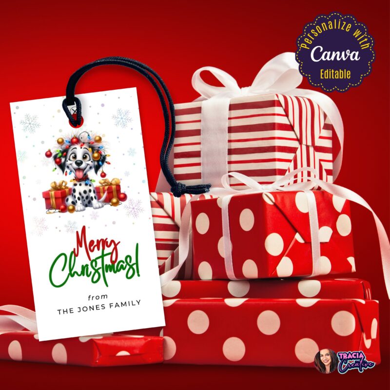 Funny Dog Merry Christmas Gift Tags – Dalmatian tangled in lights design