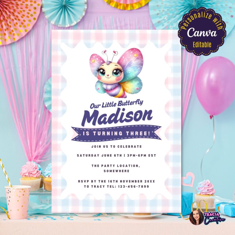 Printable Butterfly Birthday Invitation – editable Canva template for kids party