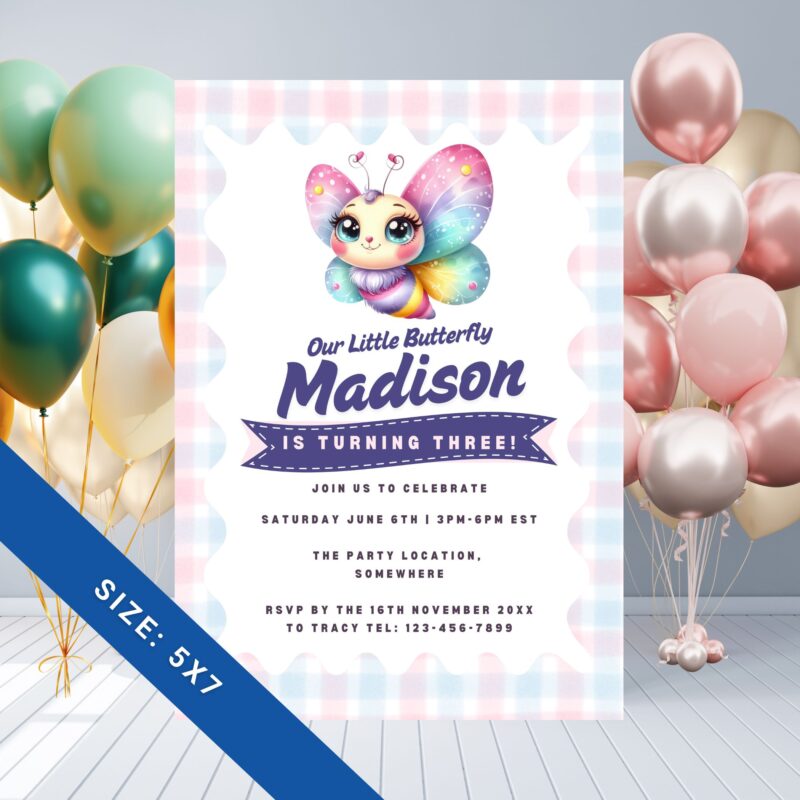 Butterfly Kids Birthday Invitation – cute butterfly with pastel colors