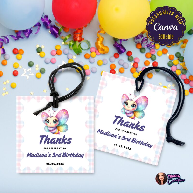Customizable party favor tags with butterfly design