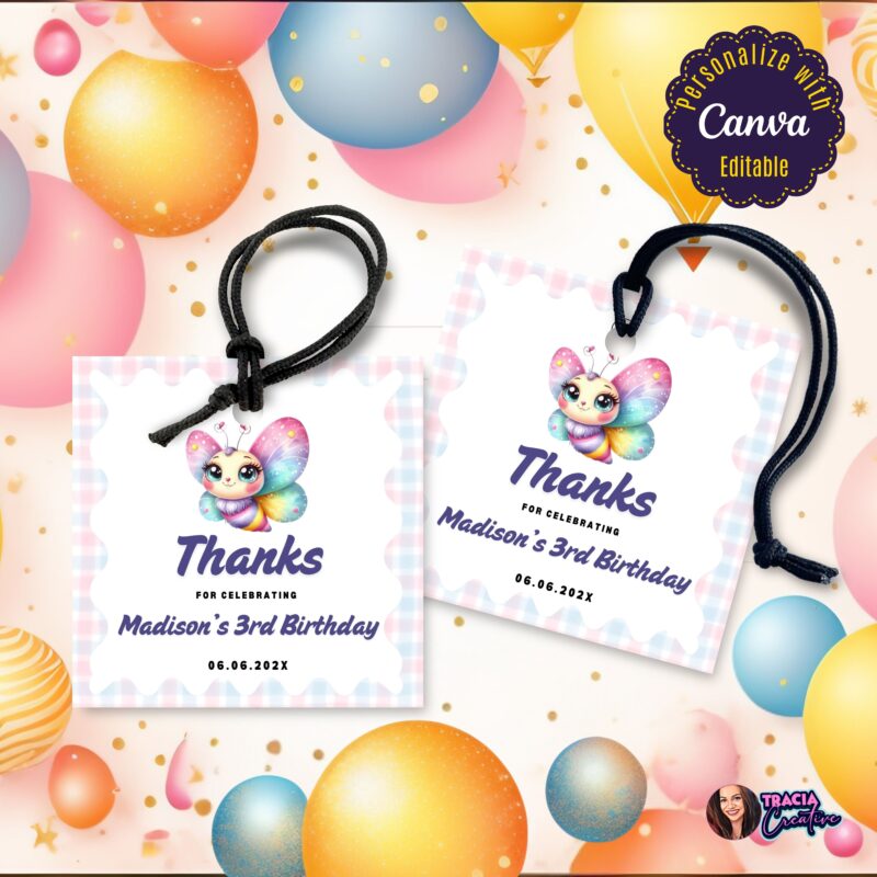 Pastel butterfly tags for kids birthday party favors