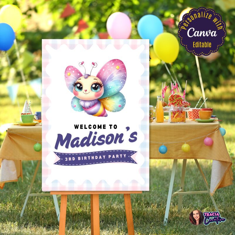 Kids Birthday Party Decor featuring an editable butterfly welcome sign.