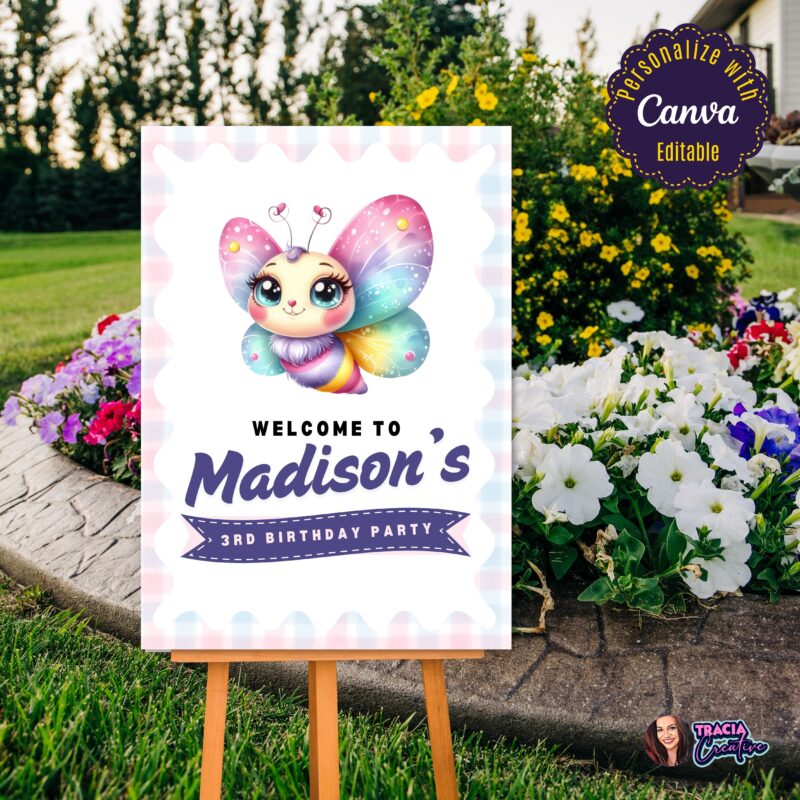 Butterfly Birthday Welcome Sign with pastel butterflies and child's name.