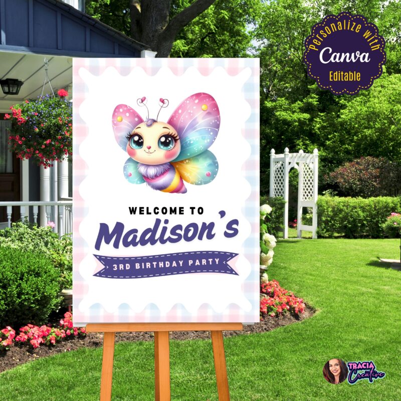 Digital mock-up of an Editable Canva Template for a butterfly party.