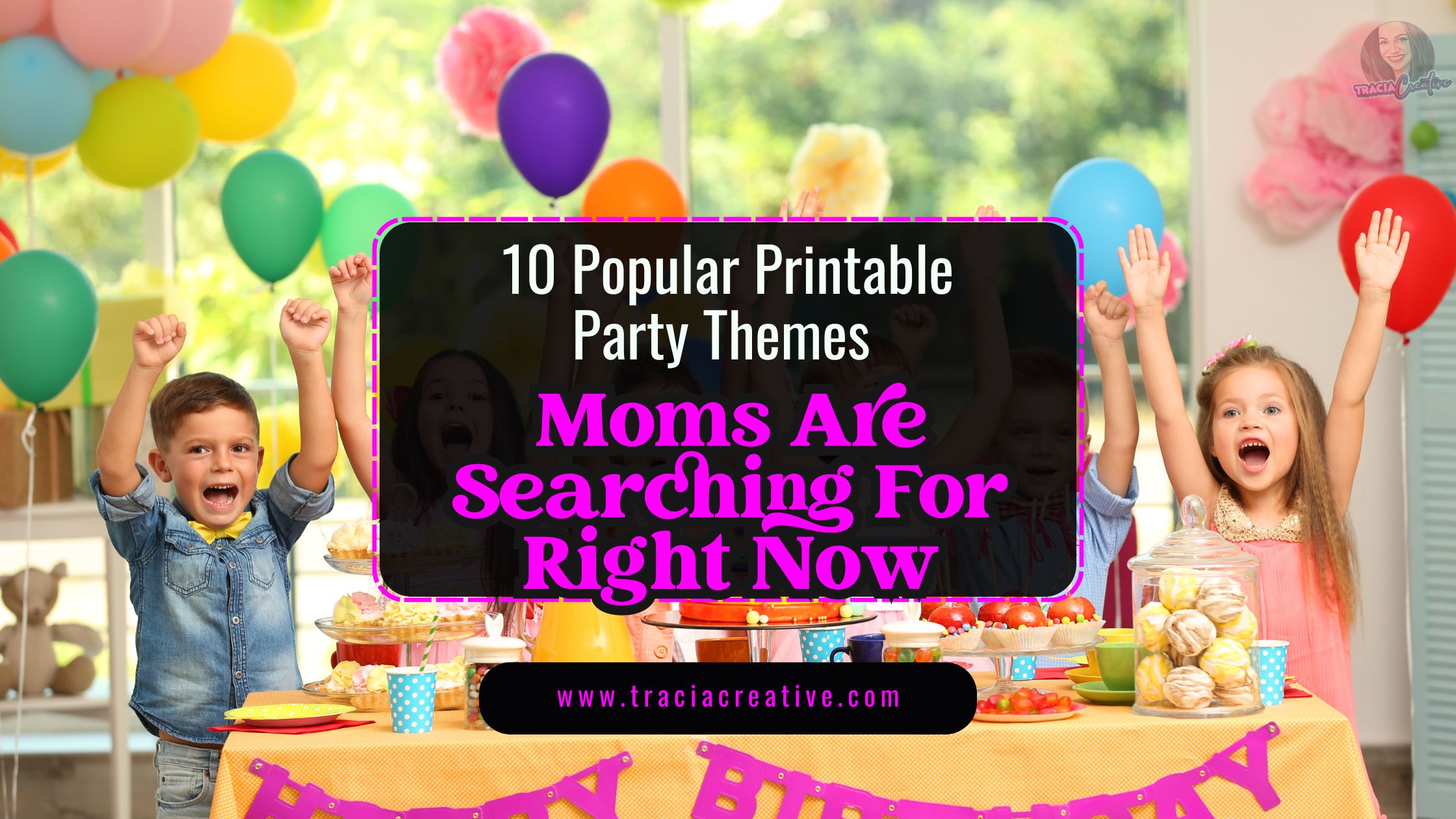 A whimsical unicorn-themed party table with printable party themes and happy kids.