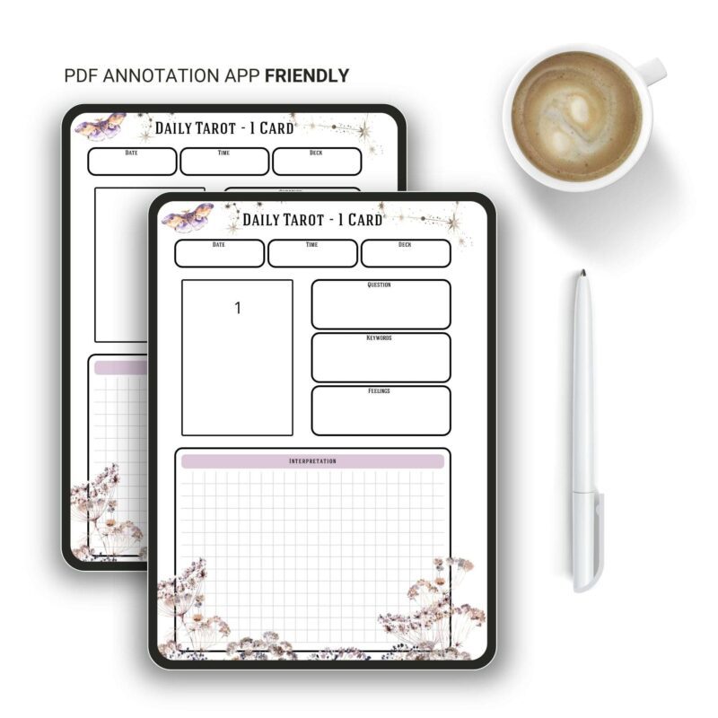 Digital mock-up of the A5 Printable Tarot Card Planner Insert on a tablet.