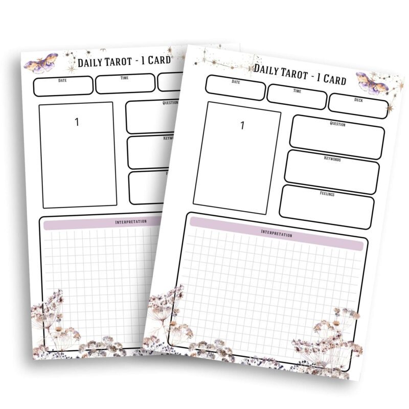 Stack of printed A5 Tarot Planner Inserts with a tarot card displayed.