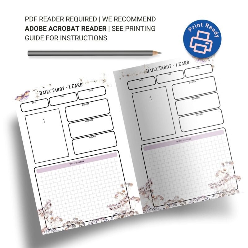 Overview of the two-page spread of the Daily 1-Card Tarot Planner Insert.