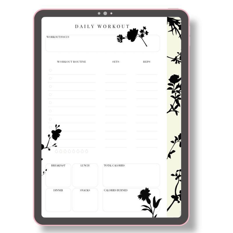 Digital render of A5 Daily Workout Planner, two pages displayed.