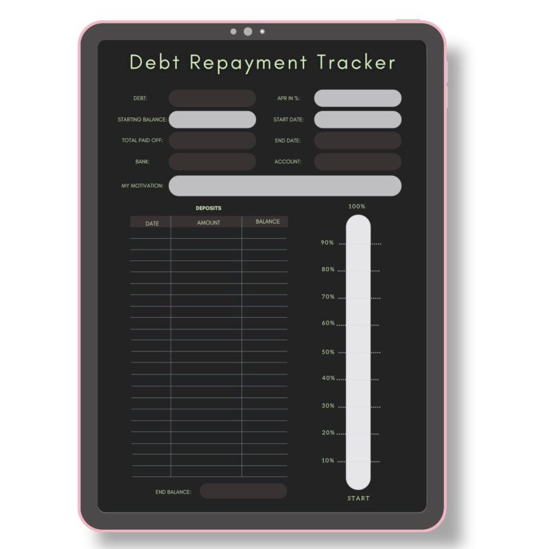 Digital display of A4 Debt Repayment Tracker in both light and dark modes.