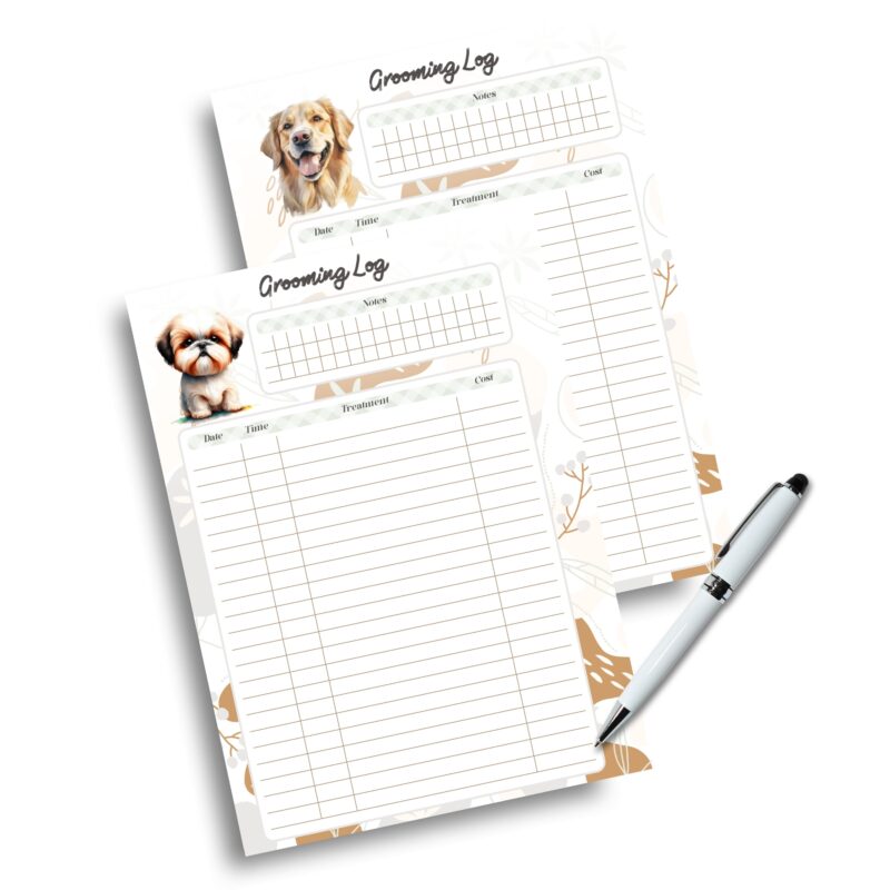 A hand writing in the pet grooming tracker with a pen, emphasizing ease of use.
