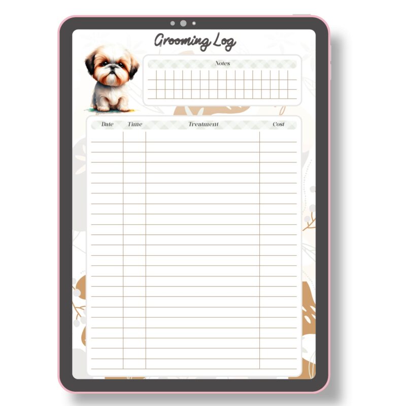 Digital mockup of the dog grooming log printable on a tablet next to a happy dog.
