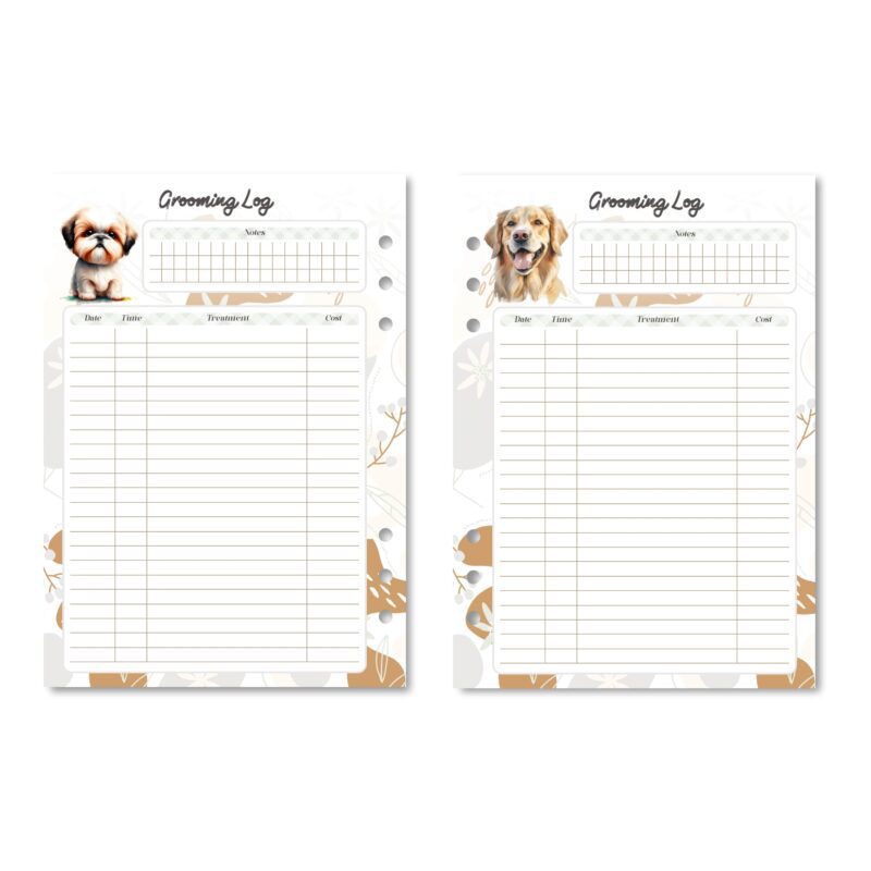 Illustrative graphic of grooming tools surrounding the dog grooming log product.