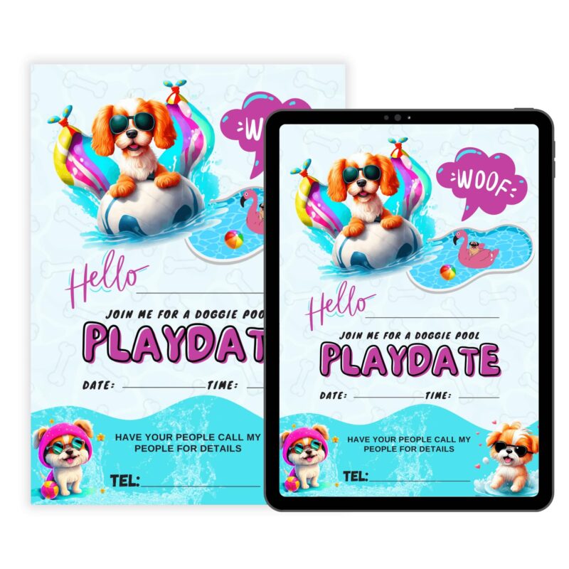 Dog playdate invitation with blue pool theme